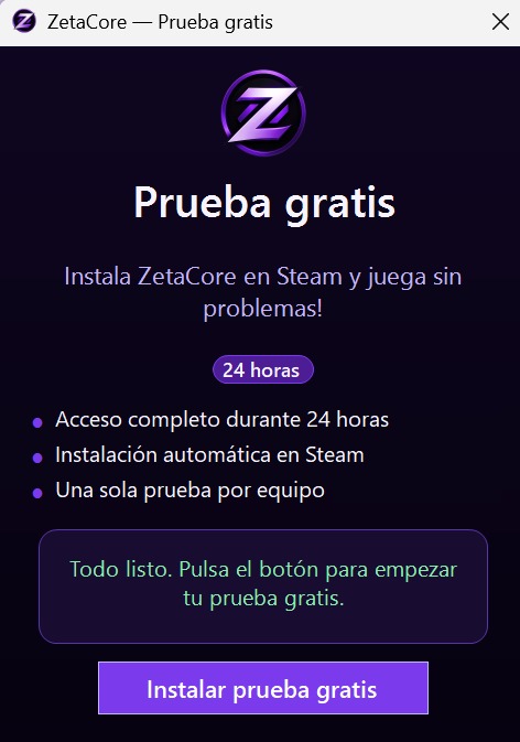 Ventana ZetaCore Prueba gratis con el botón Instalar prueba gratis