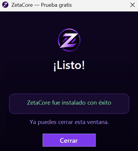 Instalación completada: ZetaCore fue instalado con éxito