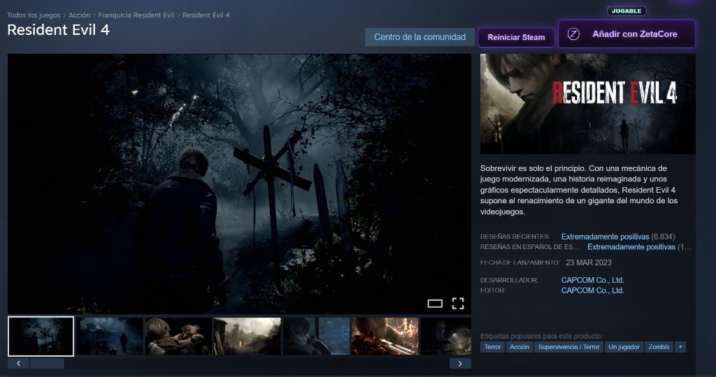 Botón Añadir con ZetaCore en la página de un juego en Steam